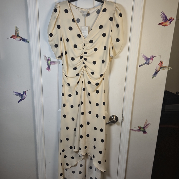 New Day Poka Dot Ruched Puff Sleeve Midi Dress Cream Size: M - Picture 2 of 8